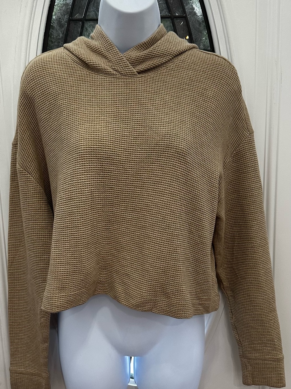 Athleta Coaster Tranquil Cropped Waffle-Knit Hooded Sweater - Tan Sz XS